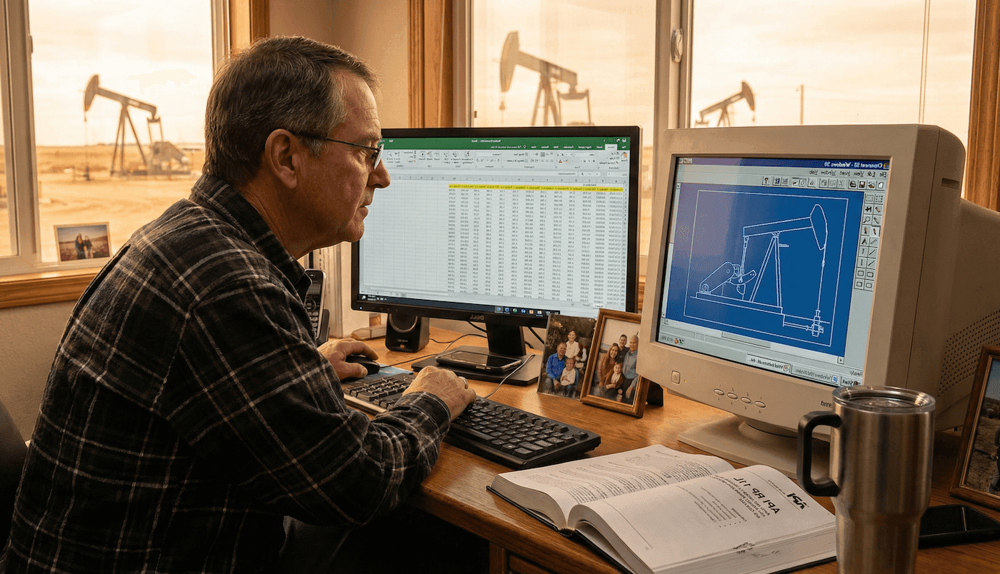 Veteran petroleum engineer reviewing rod lift design software