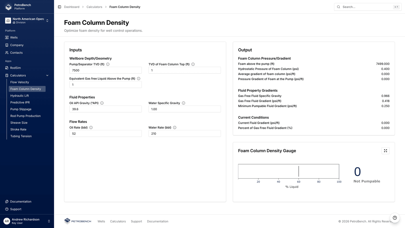 Foam Column Density Calculator interface