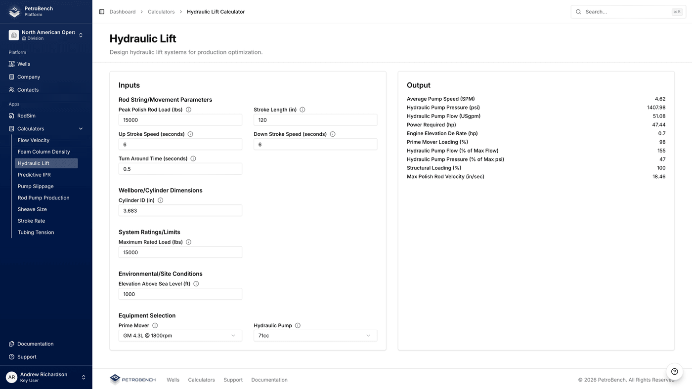 Hydraulic Lift Calculator interface