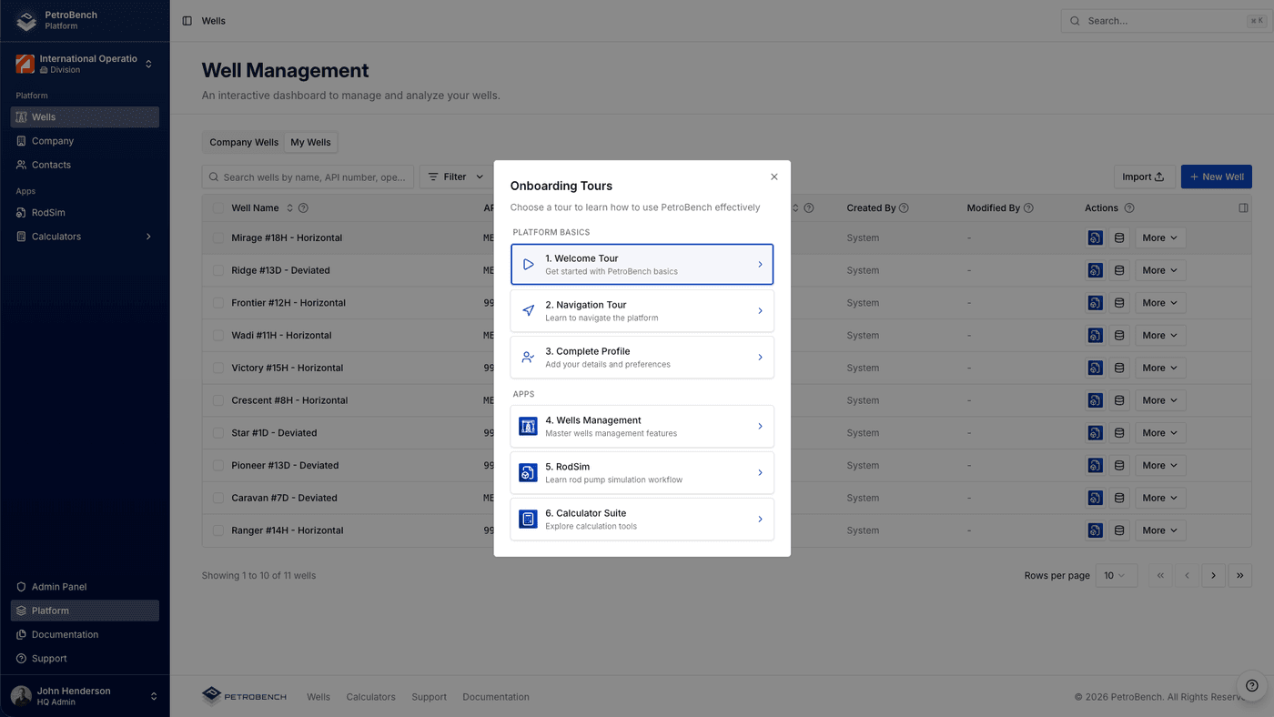 Tour selection modal with all available guided tours